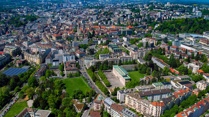 An Panoramic aerial of the old town of the city Lausanne in Switzerland on a sunny day in summer	