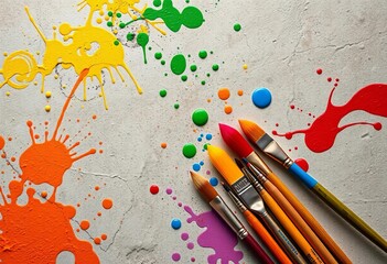 Whimsical paintbrushes pirouette on textured concrete, vibrant colors splashed around, paintbrushes, spring