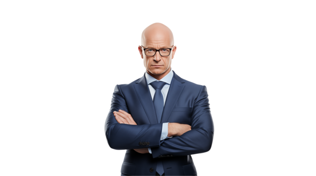 Bald man in a suit with glasses and arms crossed looking sternly at the camera on a black background