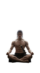 A samurai meditating under a waterfall