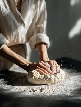 Artisan's Touch: Capturing the artistry of baking, hands knead fresh dough, embodying a moment of patience and creation bathed in sunlight, a visual ode to culinary craftsmanship.