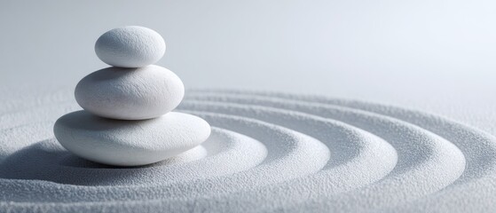 The tranquil arrangement of white stones on a layer of sand.