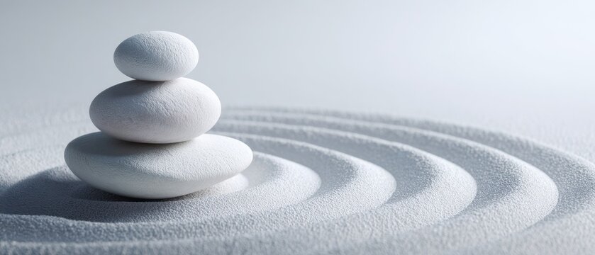 Fototapeta The tranquil arrangement of white stones on a layer of sand.