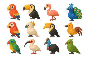 Naklejka premium Colorful cartoon birds collection with various species on soft background