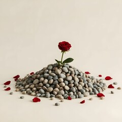 A pile of small, smooth stones, symbolizing the martyrs of Karbala, with a single red rose on top
