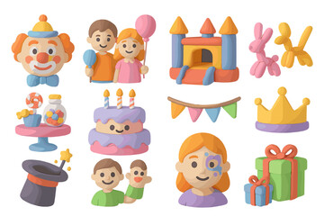 Fototapeta premium Colorful birthday party with cake, gifts, and clowns for kids