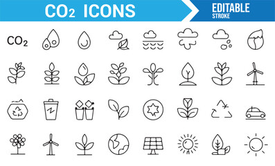 Obraz premium Line art icons of CO2-related symbols like plants, solar energy, and pollution reduction