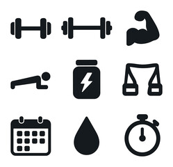 Strength Icons Grid. Solid, filled icons set of strength building: dumbbell, barbell, muscle arm, plank icon,