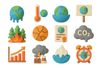 Fototapeta premium Climate change icons: earth, fire, co2, graph, ice, weather symbols