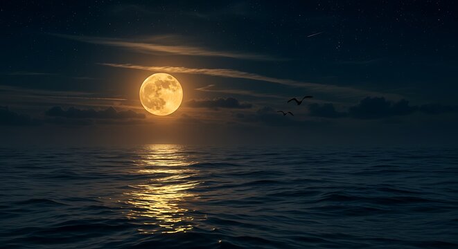 Full moon shining brightly over the dark ocean with birds flying - Powered by Adobe