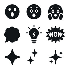 Surprise Reaction Icons. Solid, filled icons set of surprise reactions: exclamation face, open mouth, raised