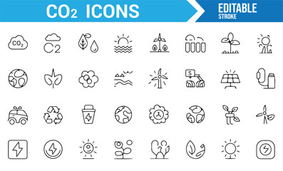 Collection of green energy and CO2 reduction icons for sustainability-focused designs.