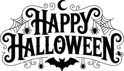 Elegant Happy Halloween Vector Design with Spiders Webs Moon and a Bat Silhouette Perfect for Invitations Decorations and Other Spooky Season Related Projects and Designs