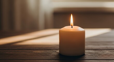 Burning Candle on Wooden Table Creates Warm and Peaceful Atmosphere