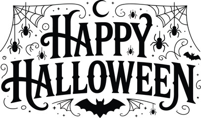 Elegant Happy Halloween Vector Design with Spiders Webs Moon and a Bat Silhouette Perfect for Invitations Decorations and Other Spooky Season Related Projects and Designs