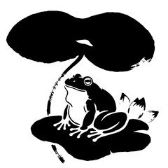 Black and White Frog on Lily Pad, Ink Style Illustration