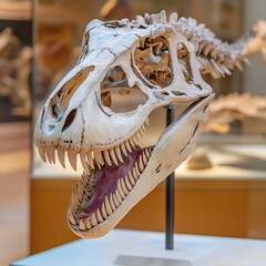 T-Rex dinosaur skull displayed on stand in museum exhibit  