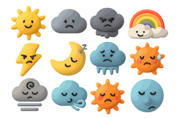 Fototapeta premium Colorful weather emojis with happy and sad expressions on a textured background