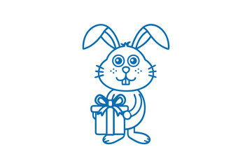 Blue outlined bunny holds a present with a bow; a whimsical sketch for celebrations