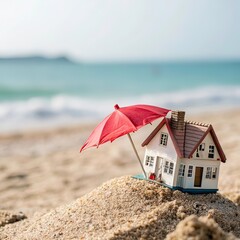 Naklejka premium Miniature house and umbrella on beach, blue sea and sky on blurred background. Vacation home for happy holiday for family.