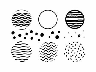 Various abstract shapes and patterns including circles, dots, and wavy lines in black and white art