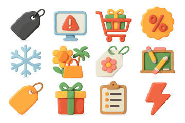 Colorful 3d shopping and sales icons with cart, gift, and discount symbols