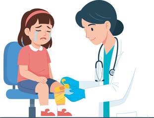 Fototapeta premium A doctor tending to a crying child's injured knee, applying a bandage.