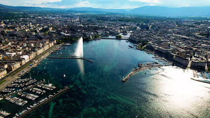An Panoramic aerial of the old town of the city Geneva in Switzerland on a sunny day in summer	
