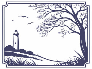 Silhouette of a lighthouse on a hill with birds and a tree in a decorative frame design element