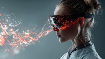 A woman wearing futuristic smart glasses interacts with a digital network of glowing red data points and lines projected from the device.