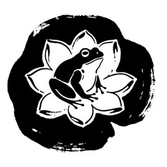 Black and white illustration of a frog on a lotus flower, zen style