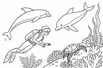 An underwater hero swimming with dolphins and turtles, protecting the coral reef from pollution. Clean line art for a coloring page, detailed underwater scene, black and white