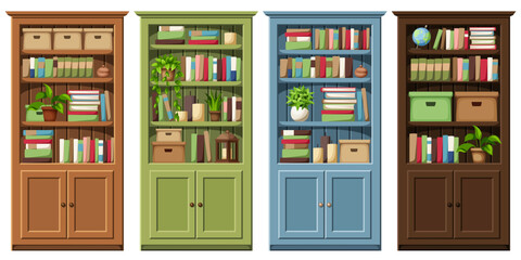 Bookcases. Set of brown, green, and blue bookcases with books, houseplants, and decor. Home furniture set. Cartoon vector illustrations