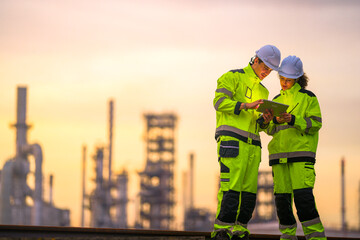 Two engineers in high-visibility safety gear and helmets conduct a field inspection at an industrial plant during sunrise, holding a tablet and measuring tools with soft pastel light background.