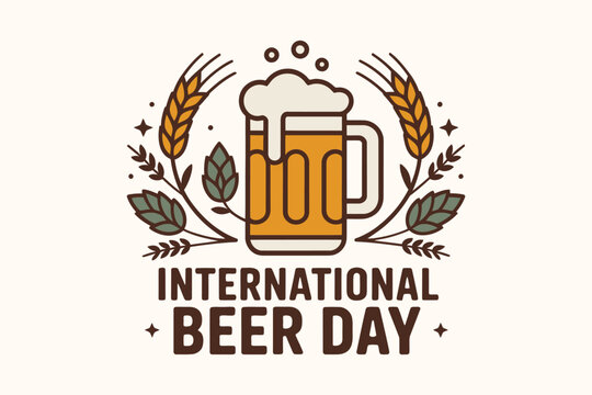 Cheerful clinking beer mugs with rays design for international beer day festive logo or friends gathering art - Powered by Adobe