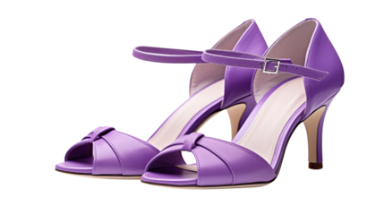A pair of purple high heel shoes with ankle straps and peep toes on a black background studio shot