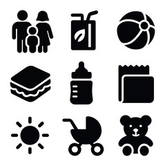 Family Picnic Icons. olid, filled icons set of family picnic: family icon, juice box, toy ball, sandwich, baby