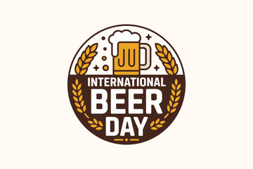 Beer mug icon with wreath and foam flat badge design for international beer day celebration or pub party event  