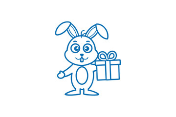 Blue line drawing presents a cartoon rabbit holding a wrapped gift box carefully