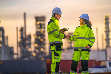 Two industrial workers in high-visibility safety uniforms discuss work plans on-site during golden...