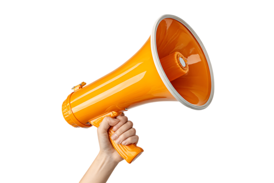 Hand holding an orange megaphone, announcing, loud speaker