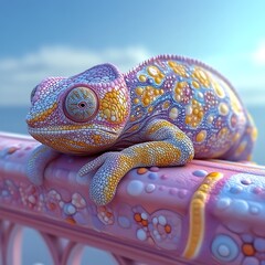 Fototapeta premium Pastel chameleon perched on pink ornate railing, ocean backdrop