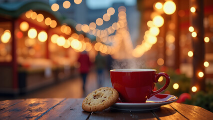 Merry Christmas and happy holidays, a cup of hot drink and cookies on the background of the lights of the Christmas market. AI design