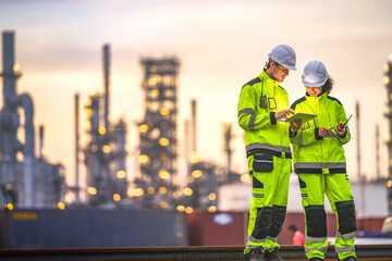 Two engineers in high-visibility suits and helmets review data on a tablet while standing in front...
