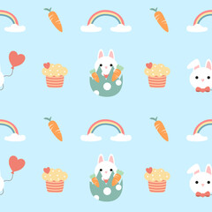Seamless pattern of Easter bunnies, eggs, and flowers. Vector graphics.