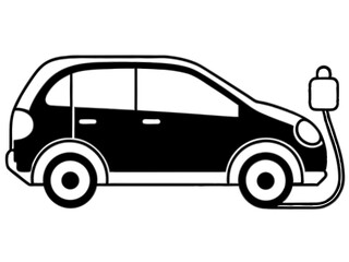 Black and white icon of an electric car charging at a charging station