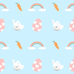 Seamless pattern of Easter bunnies, eggs, and flowers. Vector graphics.