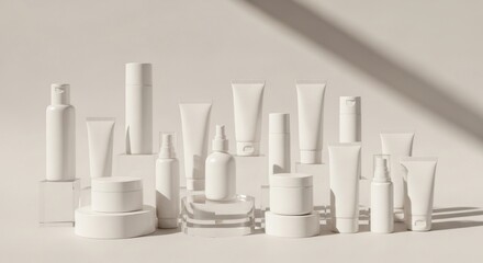 An assortment of white cosmetic containers and bottles are displayed on a light surface, with a shadow cast on the background.
