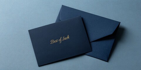 Best of luck navy blue card with metallic gold script for celebrations elegant design artistic environment close-up view