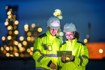 Two engineers in reflective safety gear review plans on a tablet during a night shift at an...